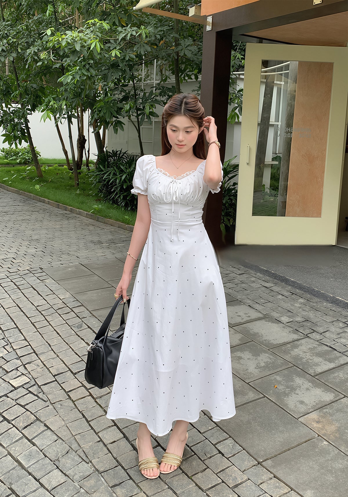 【dress】ドット柄レースドッキングロングワンピース Q8754