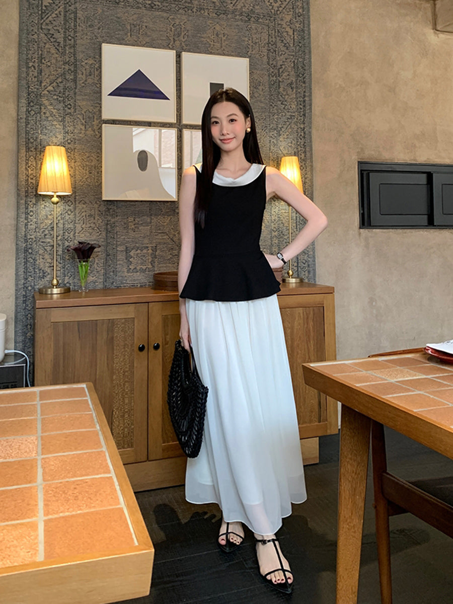 【dress】ノースリーブ配色ロングワンピース Q8749