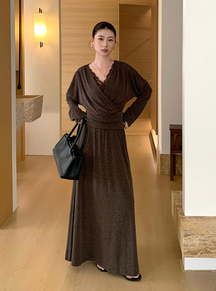 【set】レースドッキングトップス×ロングスカートセット Q8927