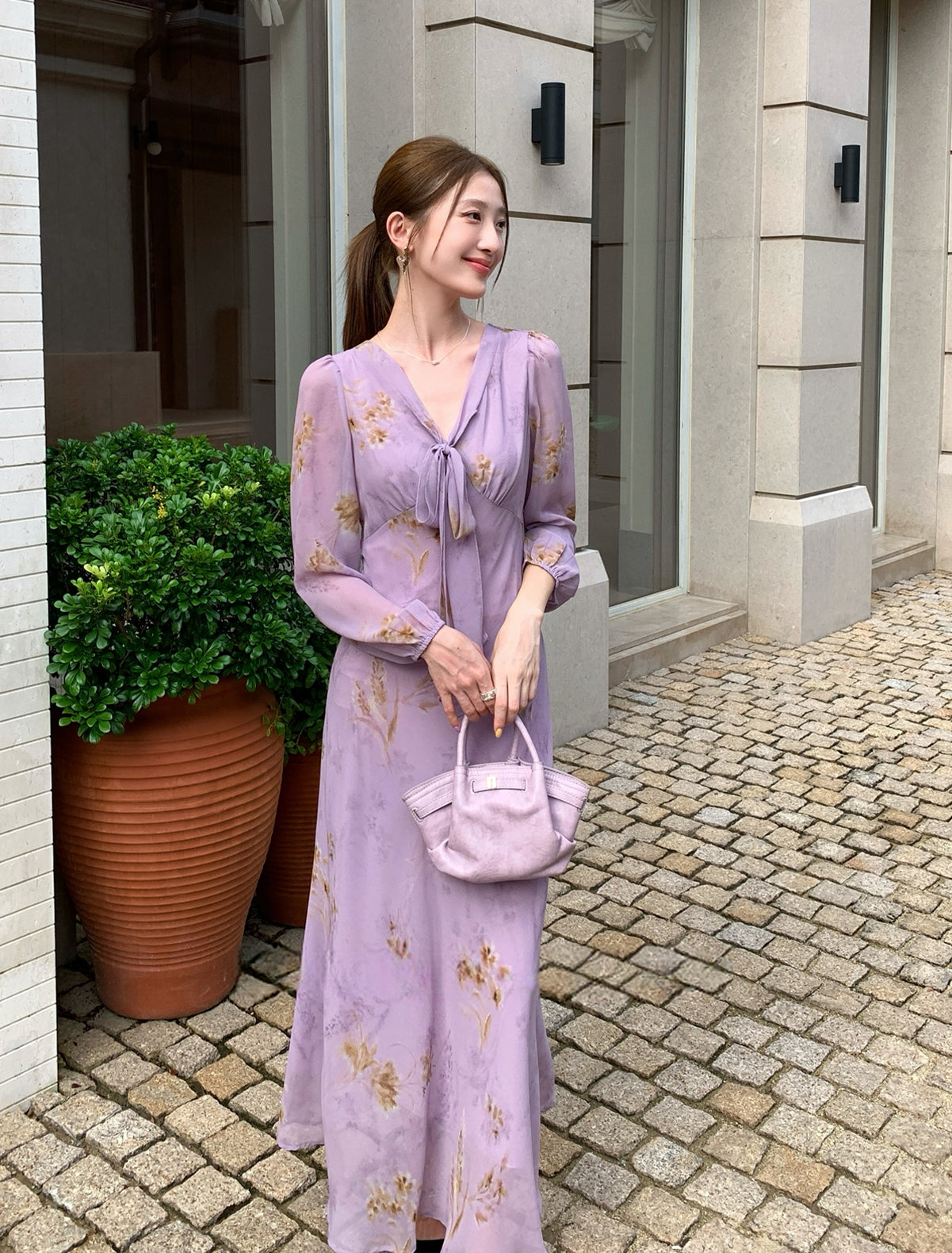 【dress】ボウタイフラワー柄ロングワンピース Q8919