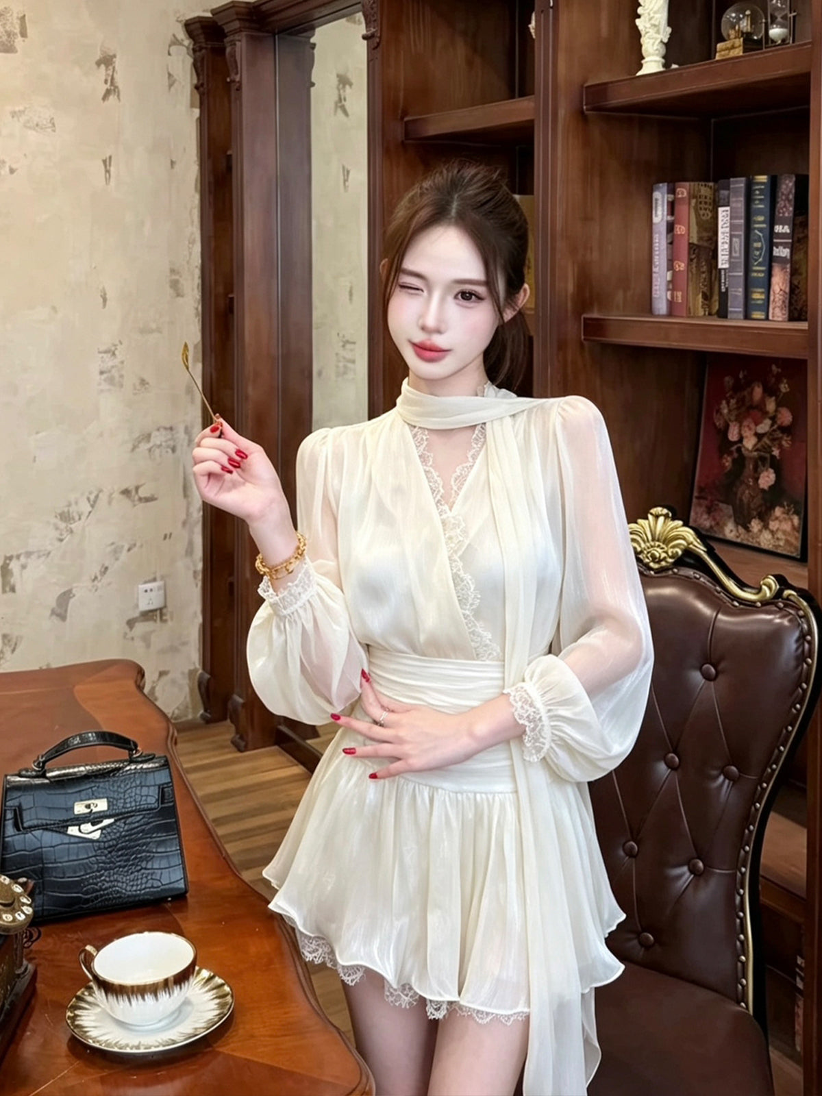 【set】レースドッキングブラウス×ミニスカートセット Q8898