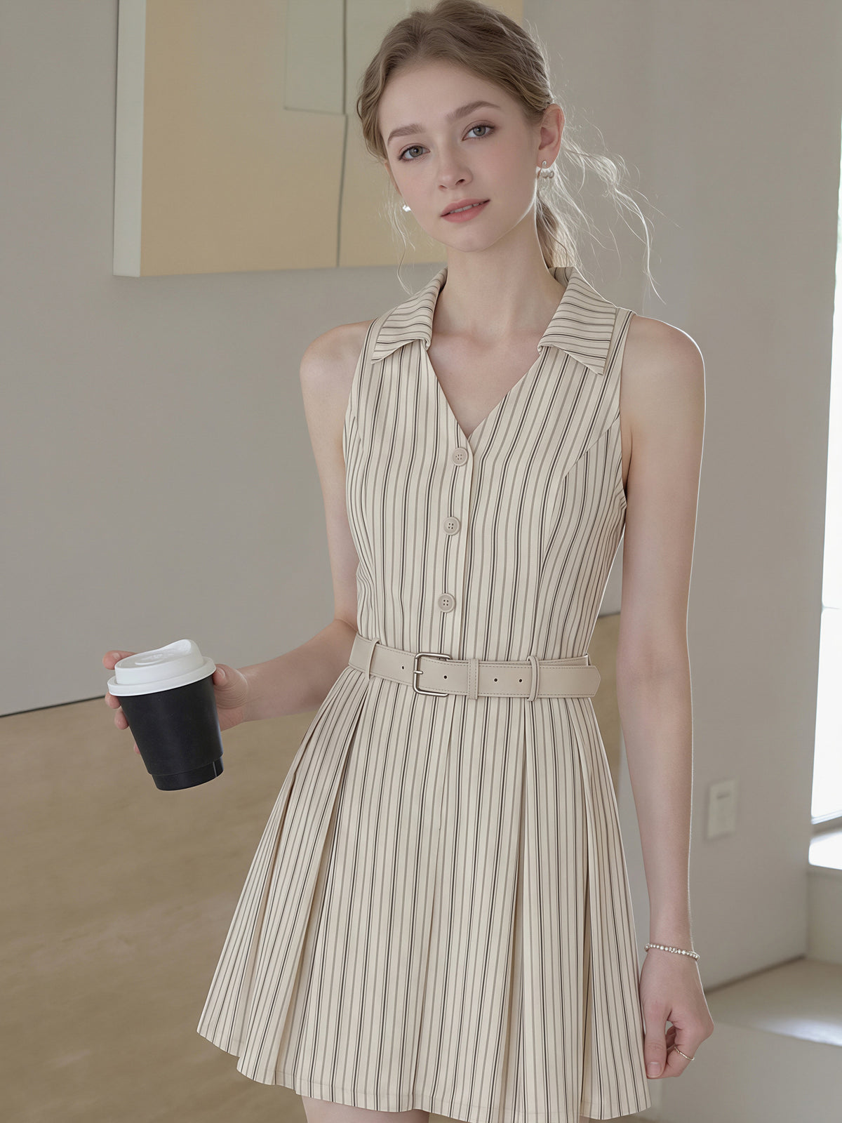 【dress】ノースリーブストライプ柄シャツワンピース Q8829