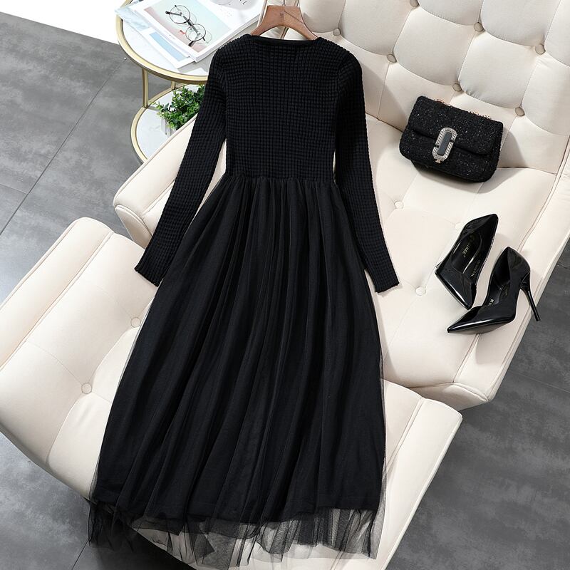 【dress】高級感溢れるVネック長袖レースメッシュ切り替えファッション無地おしゃれワンピースF1326