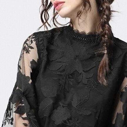 【tops】女性力を高める〜ラウンドネック半袖パフスリーブレースファッションブラウスF0082