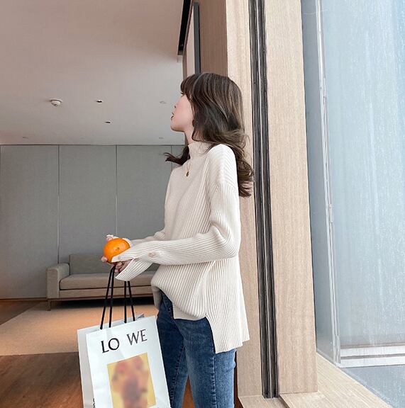 【tops】女性力を高める〜ハーフネック長袖体型カバーファッション無地ニットセーターF0839