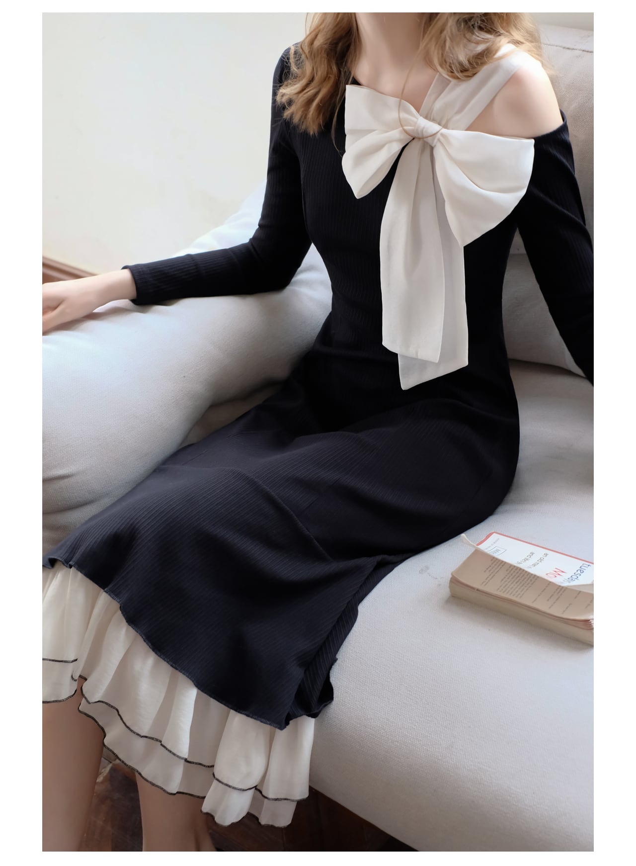 【dress】リボンメッシュ切替ワンピースF8303