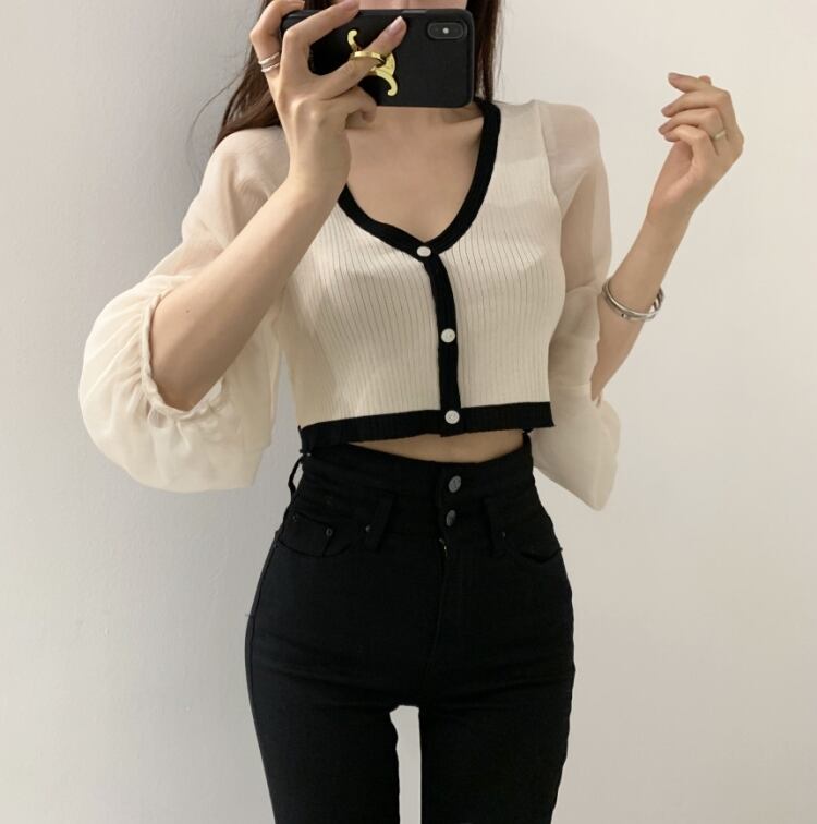 【tops】Vネック ランタンスリーブ切り替えトップスニット G15684