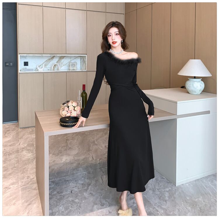 【dress】ファーネックニットワンピース　M18254
