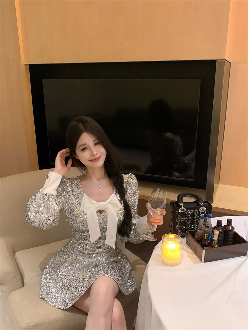 【dress】スパンコールリボン付きワンピース　M28003