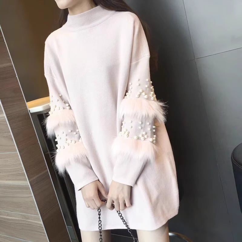 【dress】袖ファーパールニットワンピース　M19363