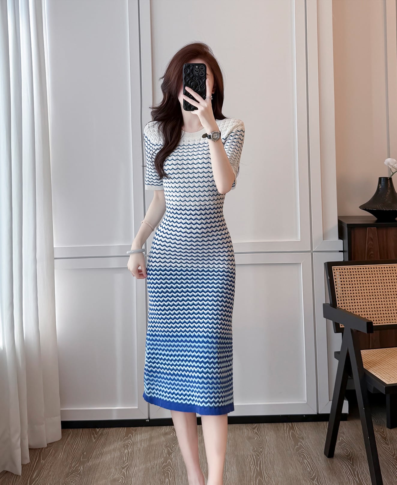 【dress】ウェーブ柄半袖ニットワンピース Q8489