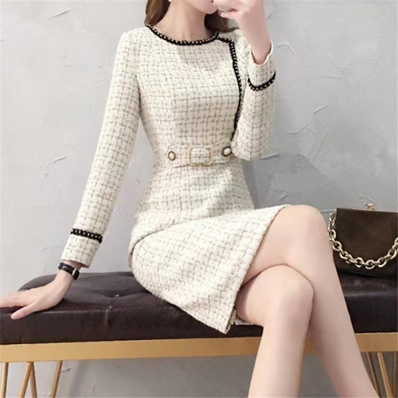 【dress】細身効果抜群♪ラウンドネック長袖韓国ファッションチェック柄OL通勤ボディラインワンピースF1540