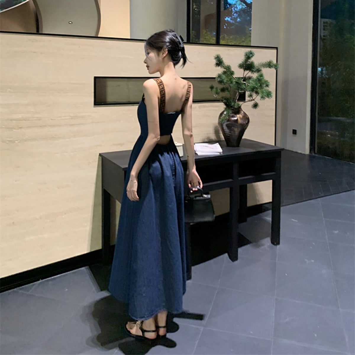【dress】バックオープンデニムワンピース　N2663