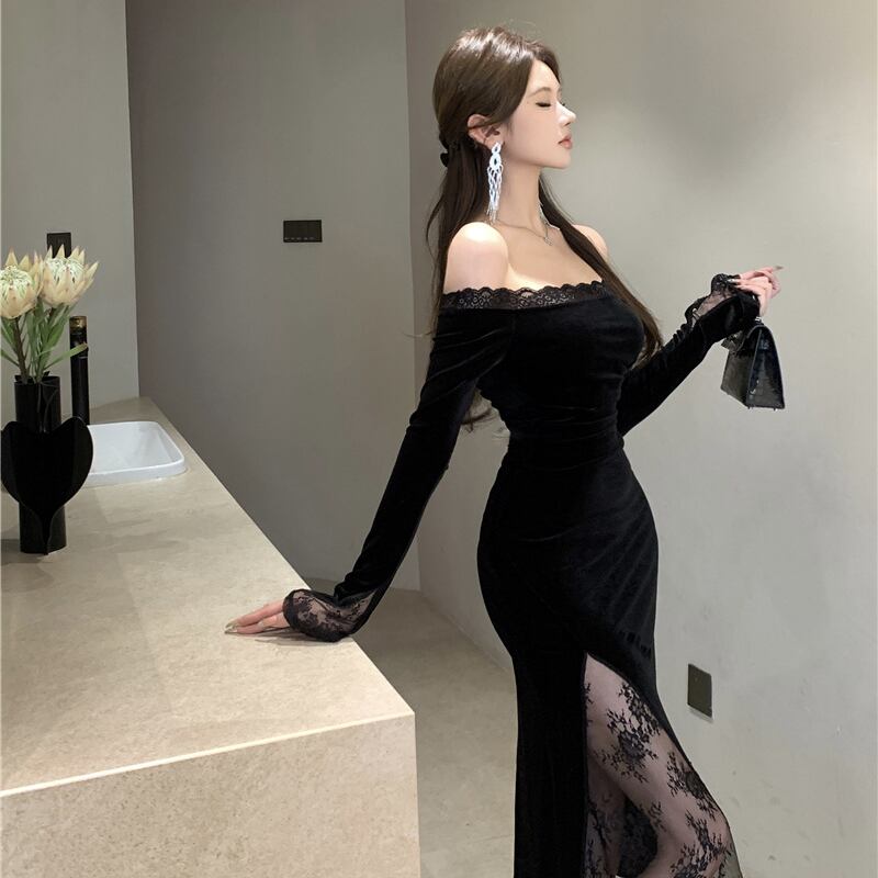 【dress】オフショルレースドッキングワンピース Q7408