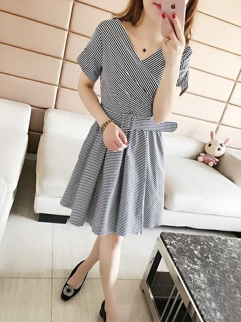 【dress】夏高級感気質満点レトロスウィートストライプ柄着痩せ ワンピース G1036
