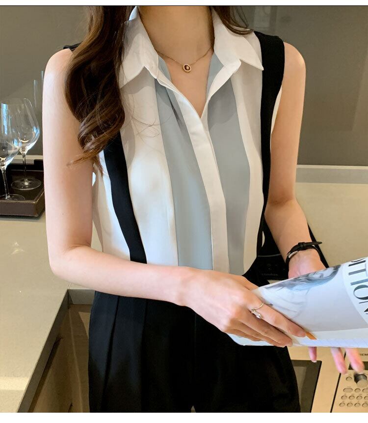 【tops】女性力を高める〜ラペルノースリーブ配色ファッションゆったり着回しタンクトップF0555