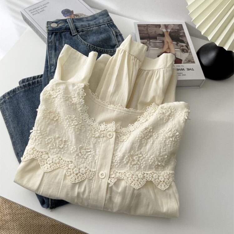 【tops】刺繍レース切り替えシャツブラウス　M29739
