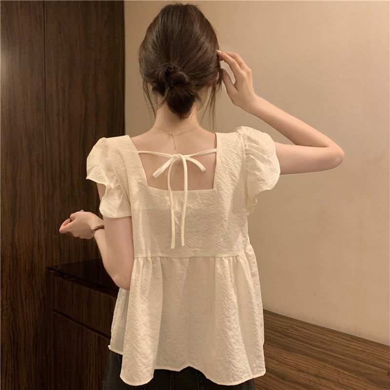 【tops】5色フレンチスリーブフリルブラウスF7483