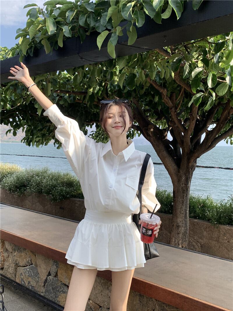 【set】POLOネックブラウス+スカート２点セットG21434