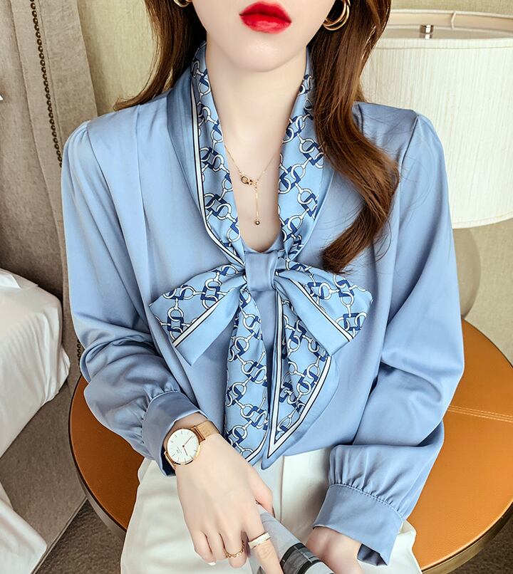 【tops】タイカラー長袖プリント配色ファッションゆったり着回しブラウスF0601