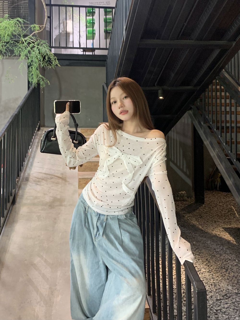【tops】ドット柄長袖Tシャツ　M25262