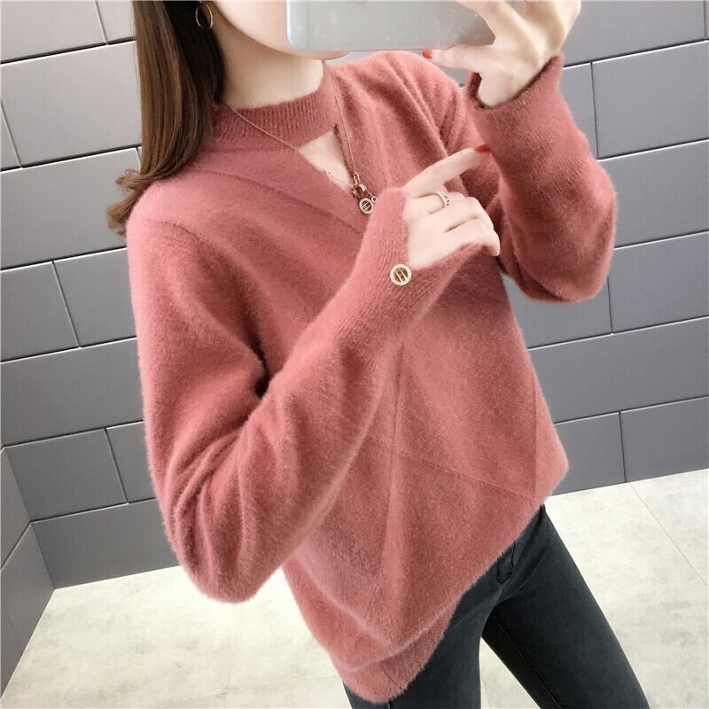 【tops】選べる5色！ハーフネック長袖メッシュ切り替え無地お洒落韓国風ニットセーターF0861