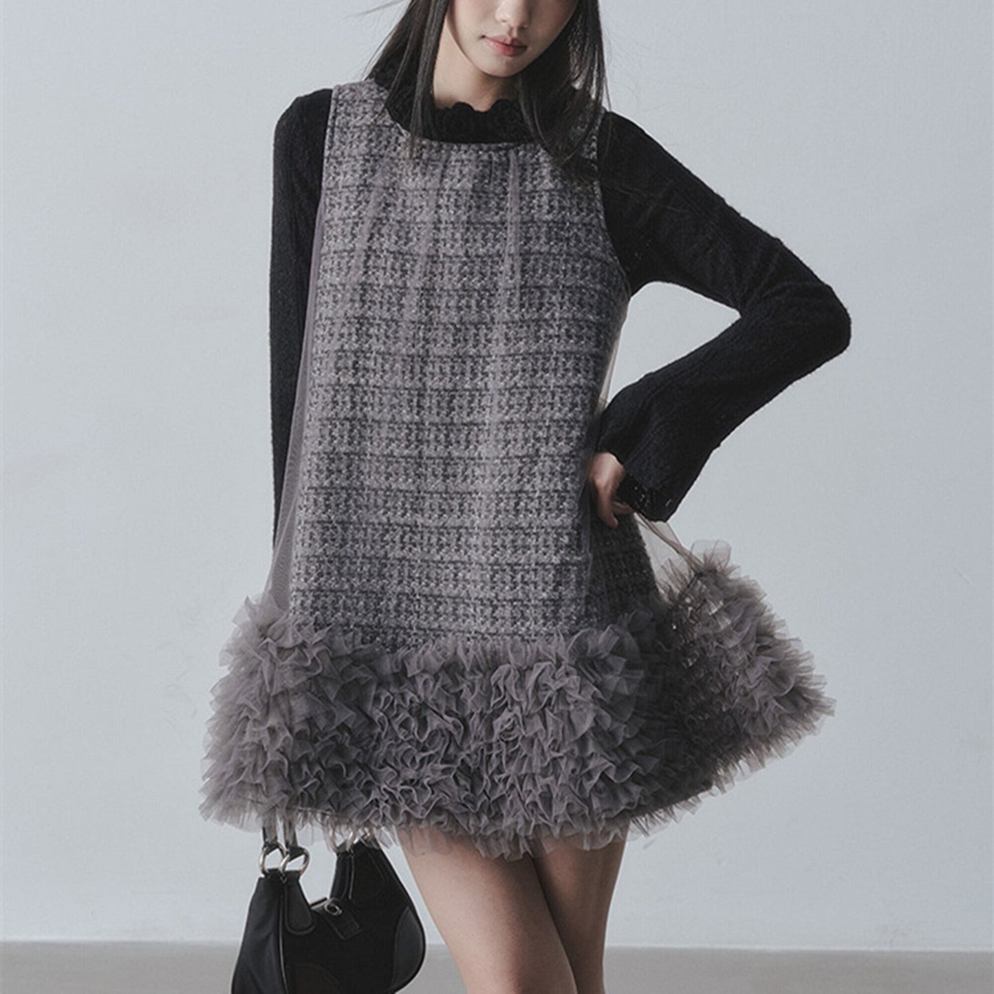【dress】チュールフリルツイードノースリーブミニワンピース　N3523