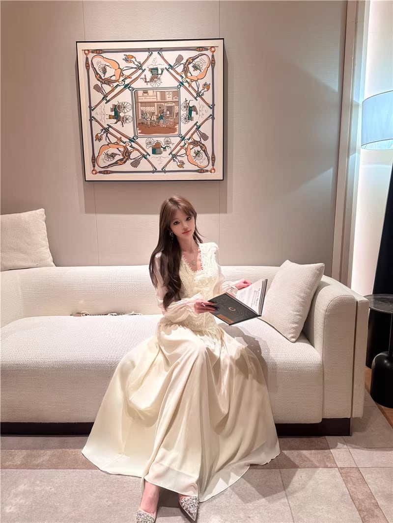 【set】スクエアネックレーストップス×ロングスカートセット Q8018