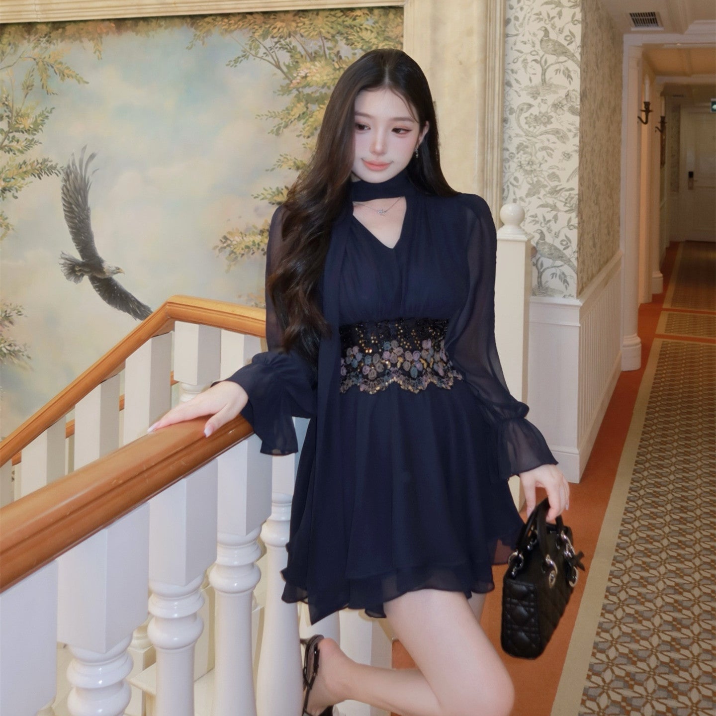 【dress】レースドッキングシフォンミニワンピース   N3767