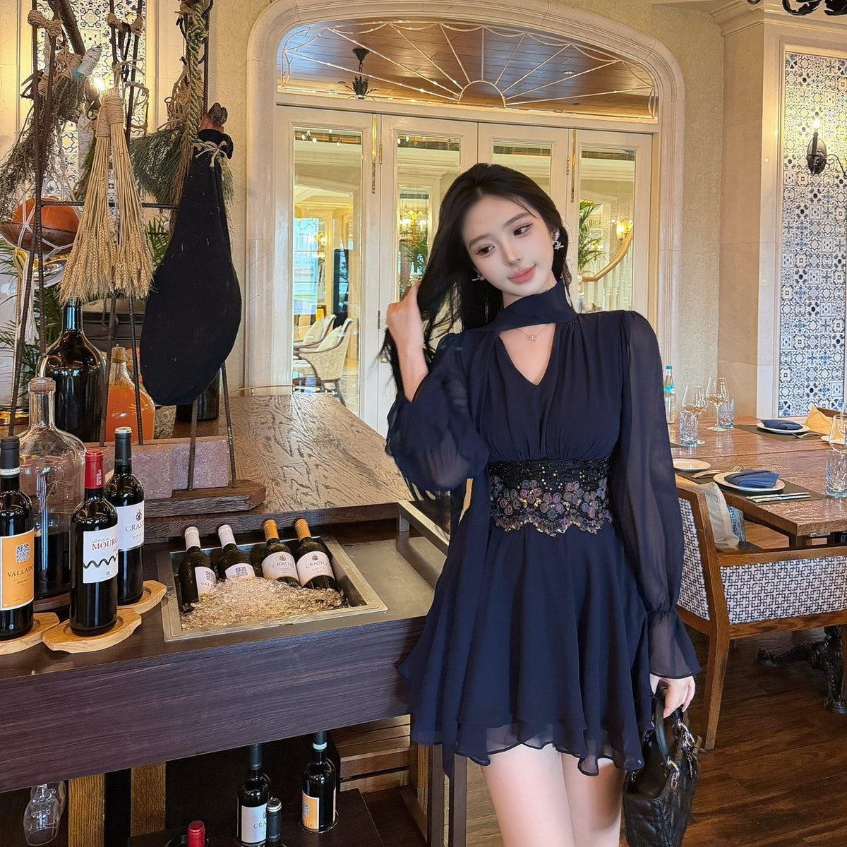 【dress】レースドッキングシフォンミニワンピース   N3767