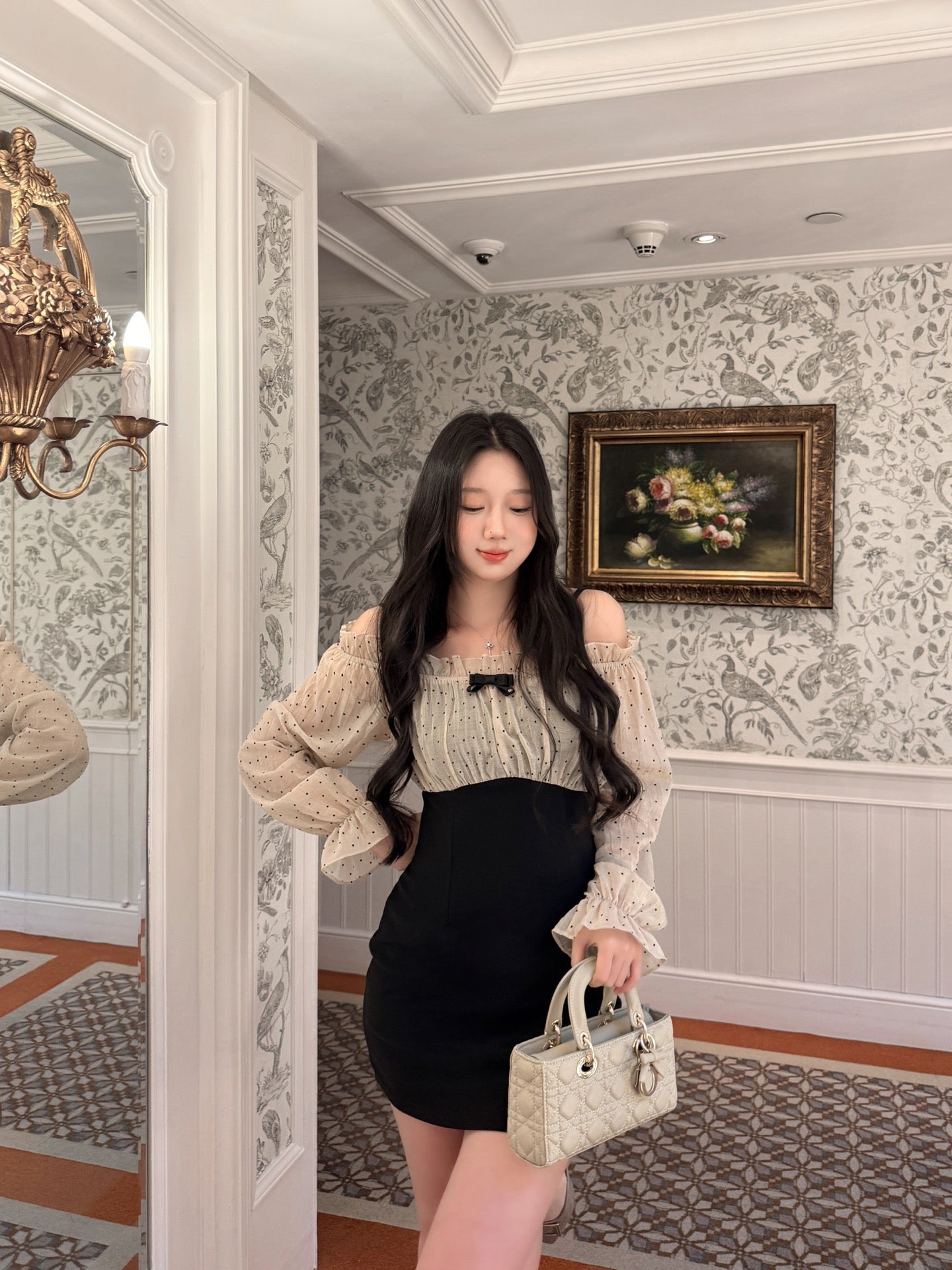 【dress】オフショルドットドッキングミニワンピース   N3772
