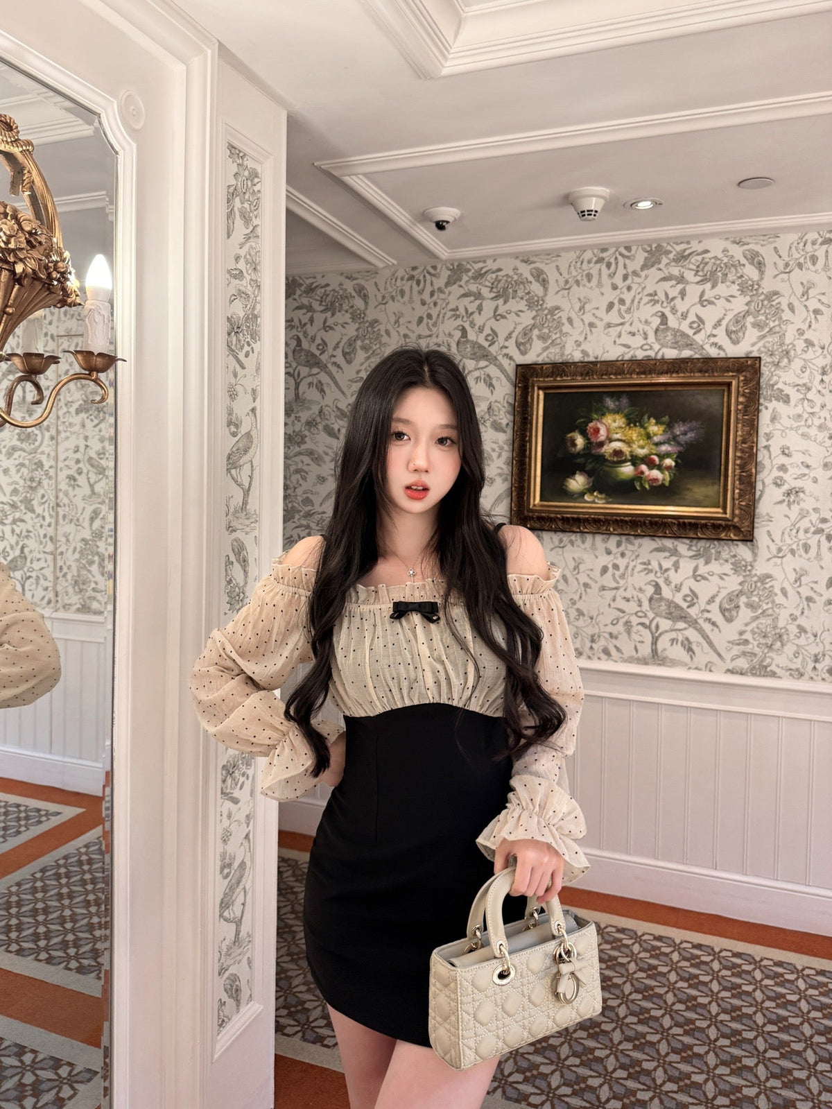 【dress】オフショルドットドッキングミニワンピース   N3772