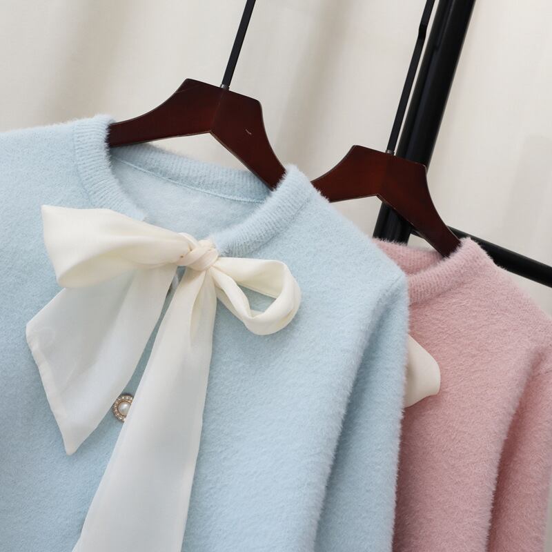 【outer】リボン付きニットカーディガン Q6951