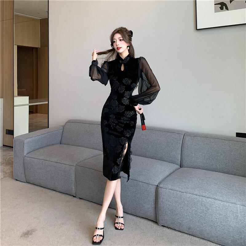 【dress】チュールコンビレーススリットワンピース　M29351