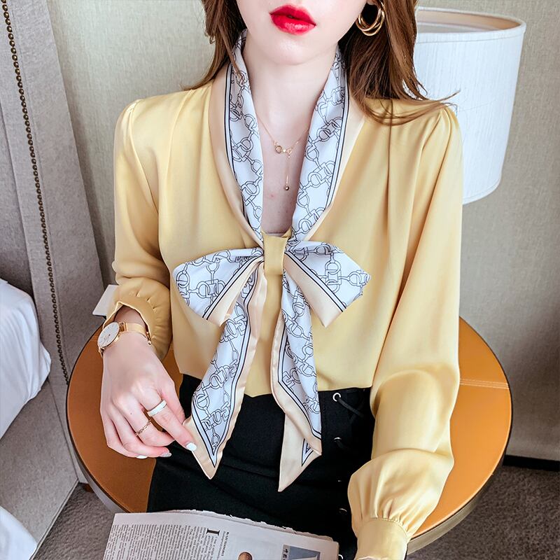 【tops】タイカラー長袖プリント配色ファッションゆったり着回しブラウスF0601