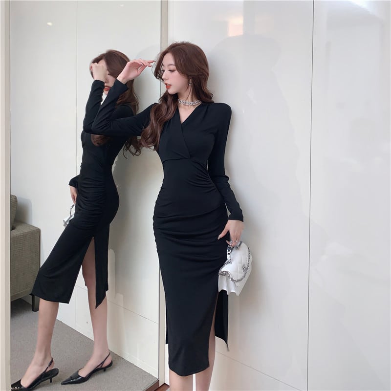 【dress】スリット入れロングワンピース Q8174