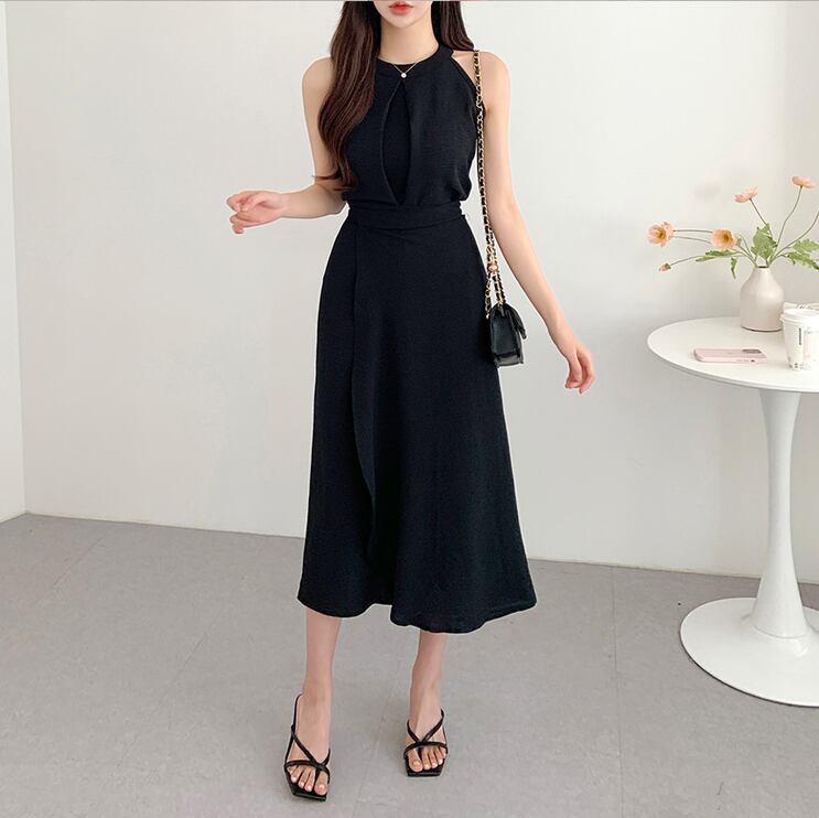 【set】ラウンドネック無地タンクトップ+スカート通勤日常セットアップF5158