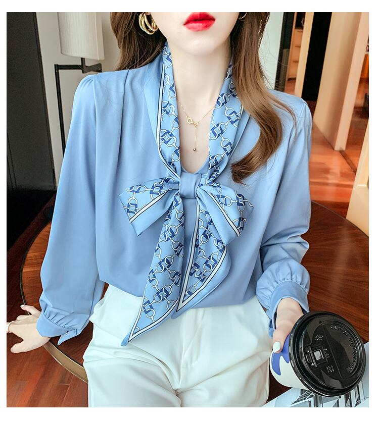 【tops】タイカラー長袖プリント配色ファッションゆったり着回しブラウスF0601