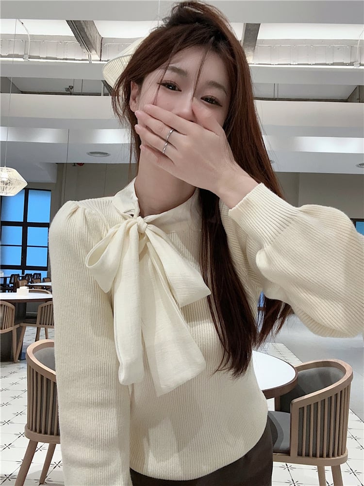 【tops】リボン付きニットトップス　M27367
