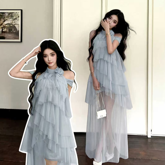 【set】チュールティアードミニワンピース×ロングスカートセット     N3583