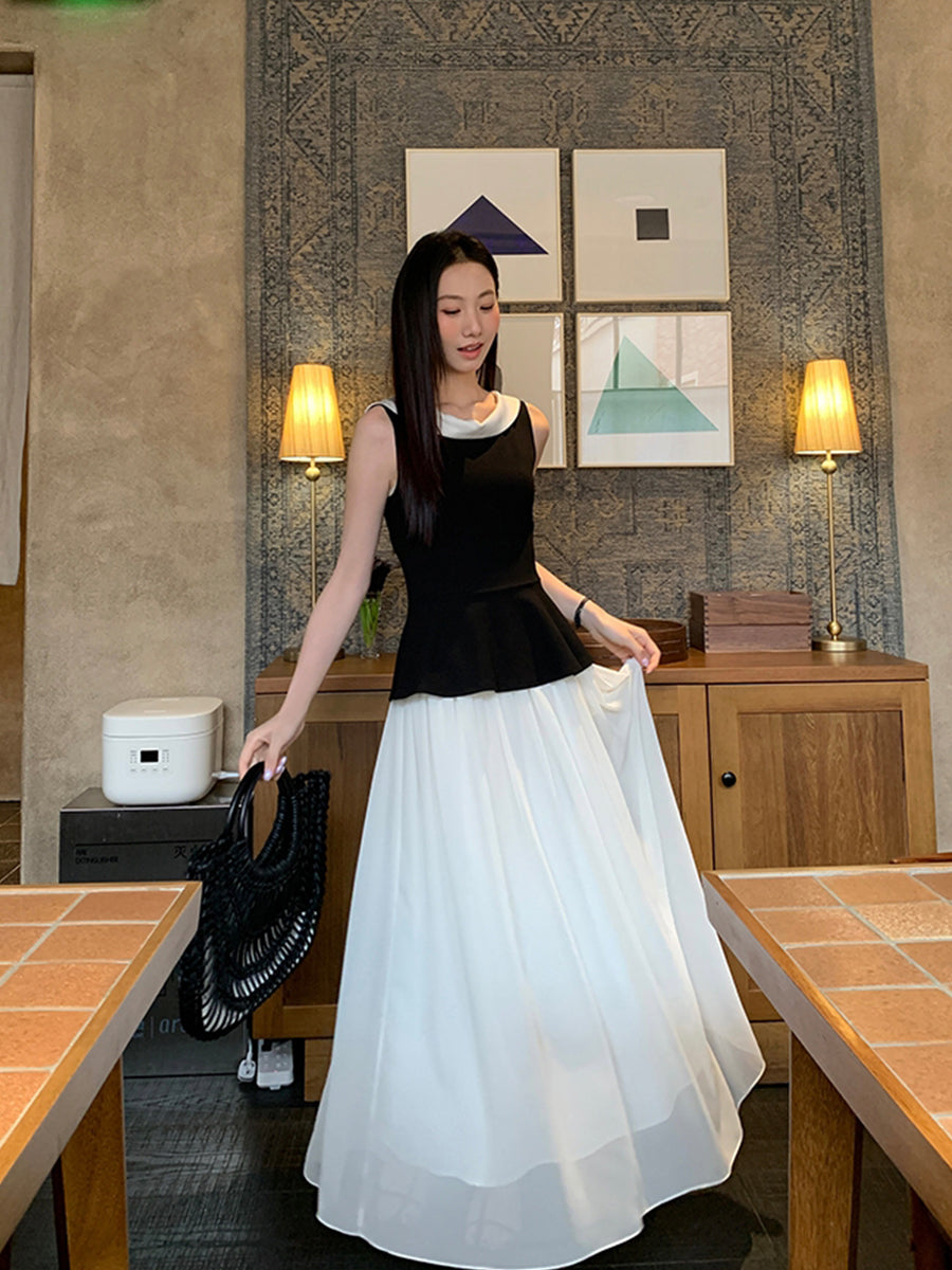 【dress】ノースリーブ配色ロングワンピース Q8749