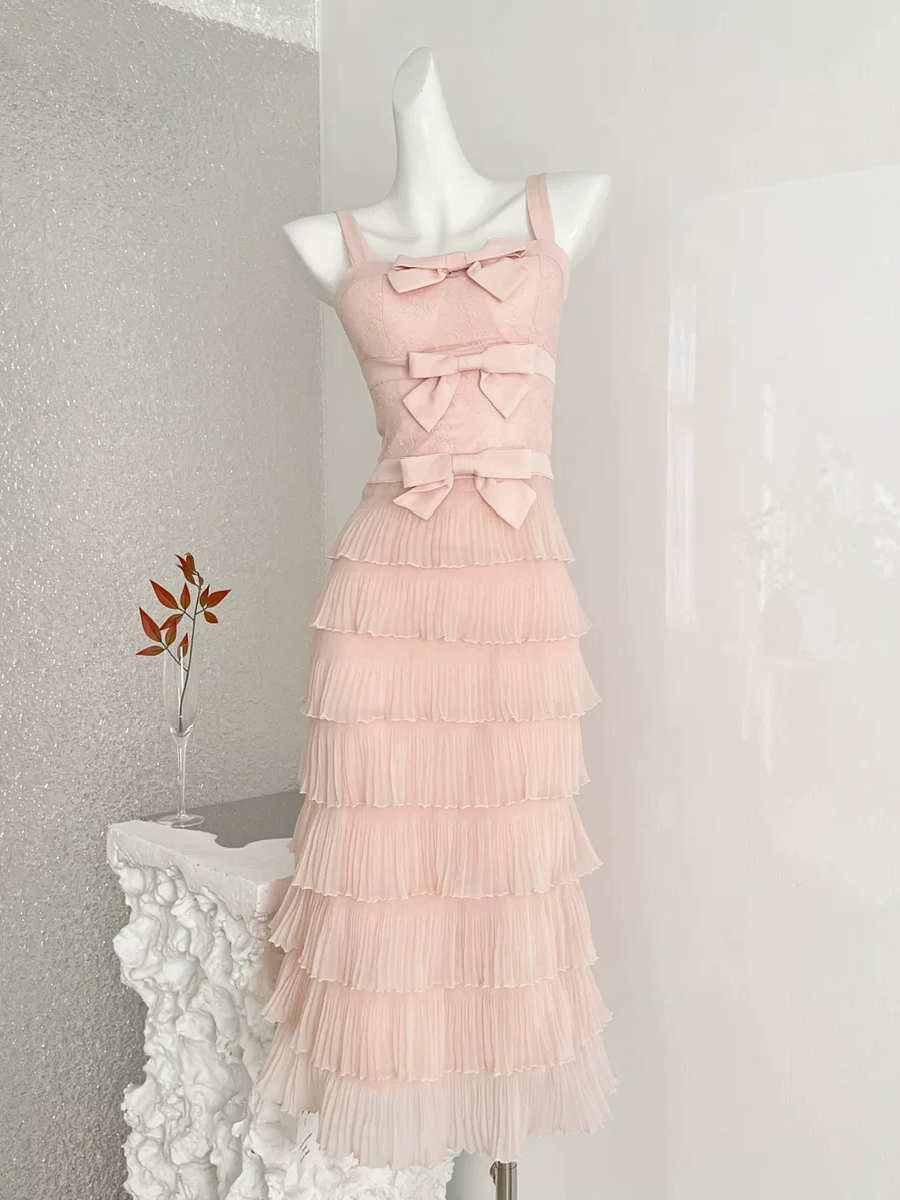 【dress】リボン付きティアードキャミワンピース Q7679