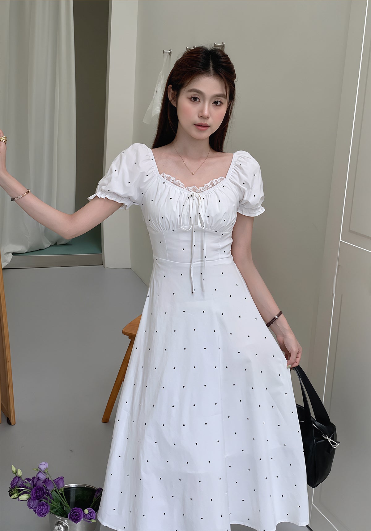【dress】ドット柄レースドッキングロングワンピース Q8754