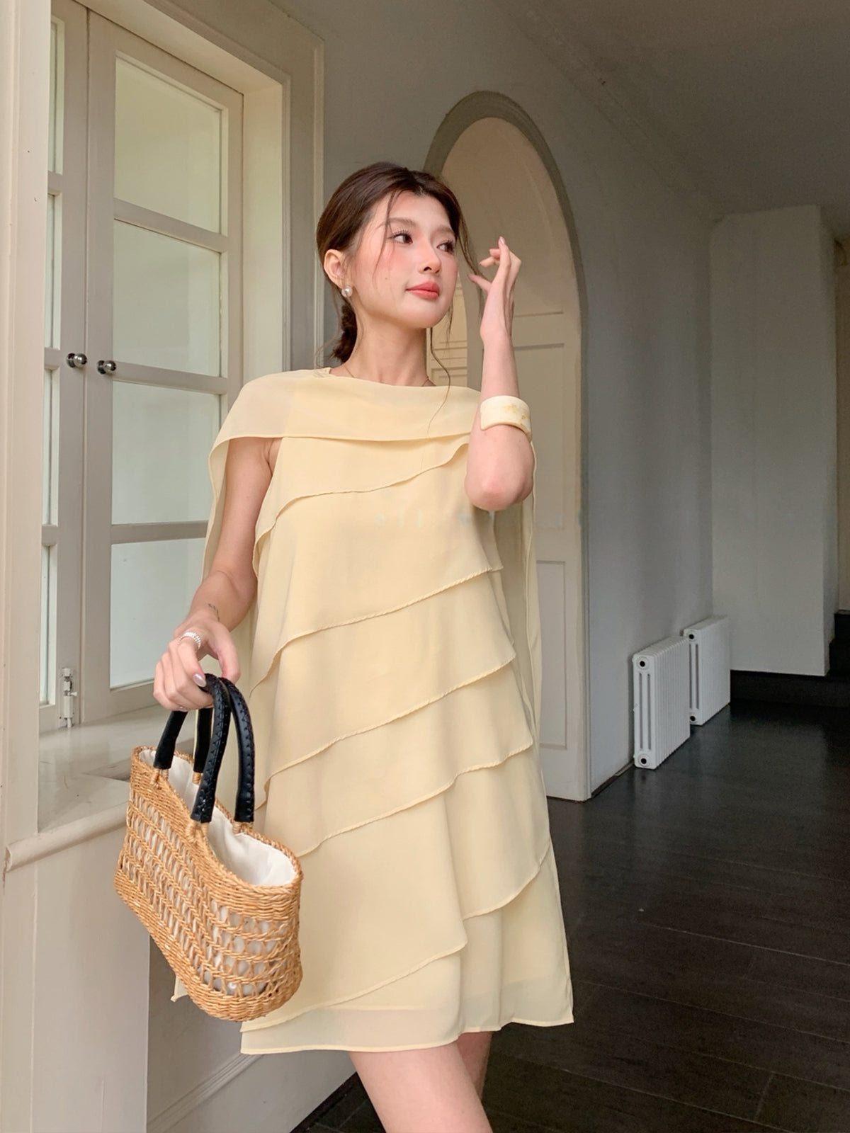 【dress】 スカーフネックシフォンティアードワンピース Q8882