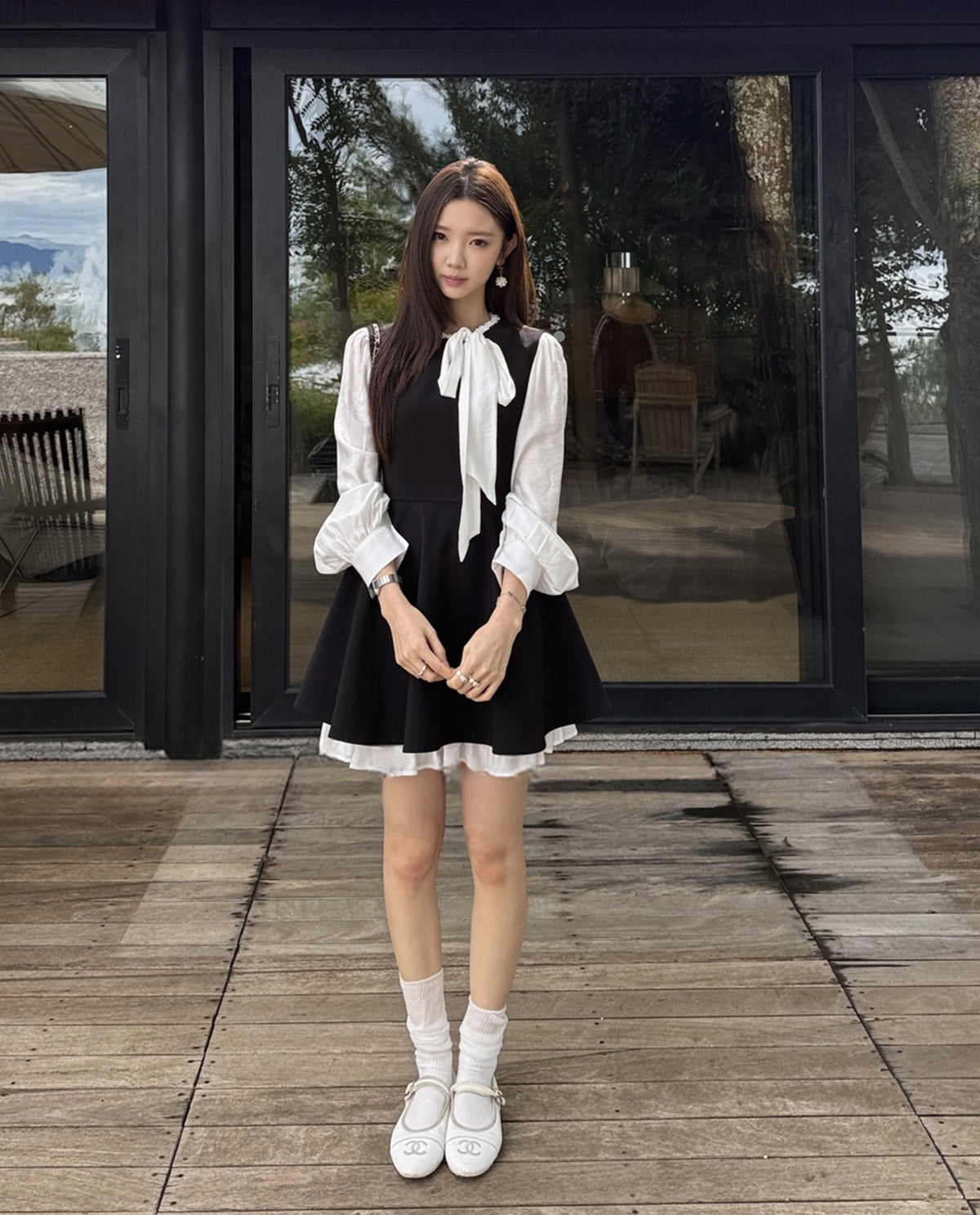 【dress】リボン付きフェイクレイヤードワンピース Q8928