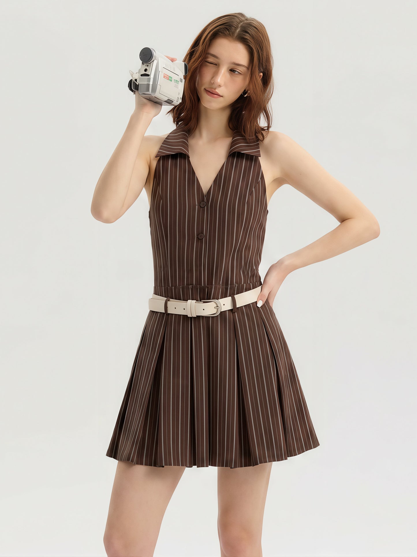 【dress】ノースリーブストライプ柄シャツワンピース Q8829