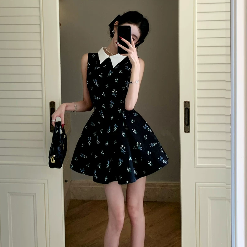 【dress】ノースリーブ花柄フレアミニワンピース Q8413