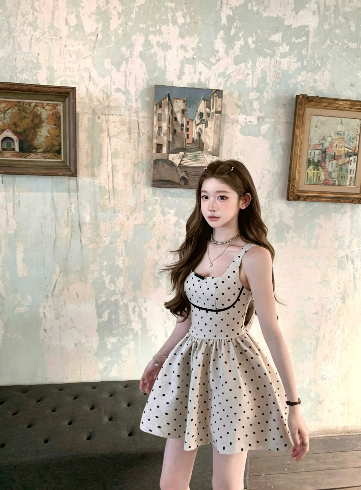 【dress】バックリボンドット柄ミニワンピース　M30198