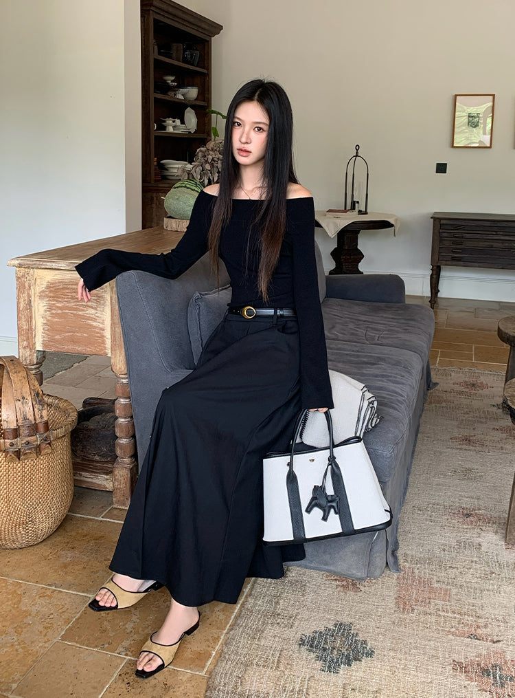 【dress】ベルト付きニットドッキングロングワンピース Q8926