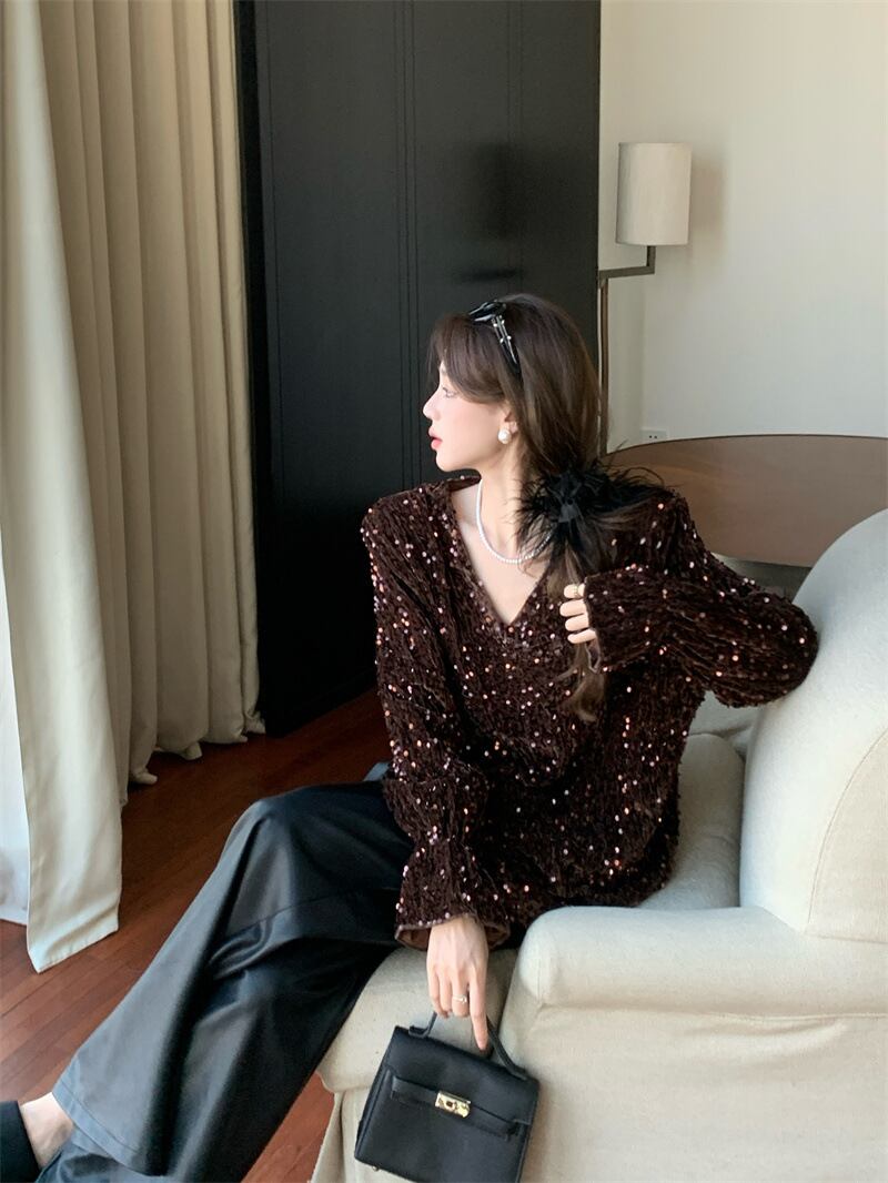 【tops】スパンコールVネックトップス　M28576